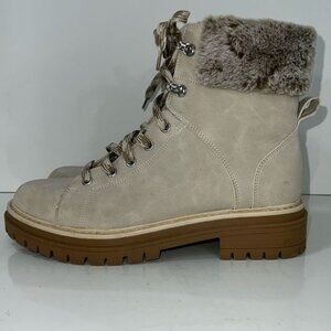 Time and Tru Faux Fur-Lined Ankle Boots Beige & Brown Chunky Lug Sole Womens 8.5